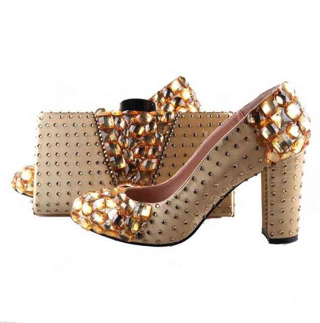 Custom Made Gold Crystal Shoes with Matching Bag Set Block Heel Women Dress Pumps Bridal Wedding Shoes High Heels