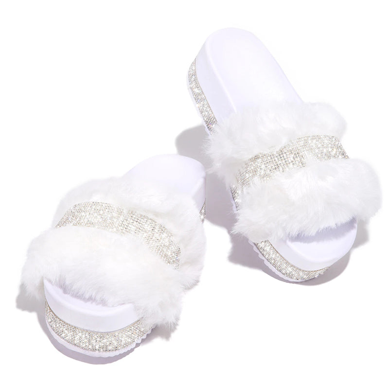 Luxury Designer Women Fur Rhinestone Slippers Platform Wedges Heel Solid Fluffy Furry Slides Outside Shoes