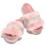 Load image into Gallery viewer, Luxury Designer Women Fur Rhinestone Slippers Platform Wedges Heel Solid Fluffy Furry Slides Outside Shoes
