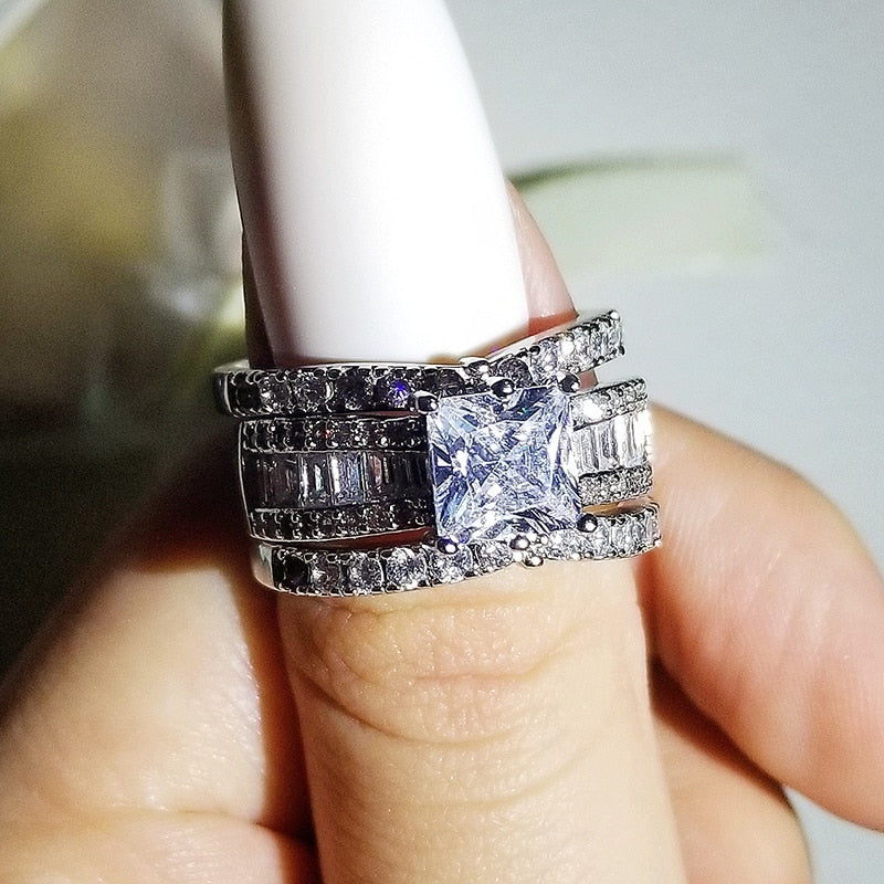 Luxury Princess 925 Sterling Silver Wedding Ring Set For Women Lady Anniversary Gift Jewelry Bulk