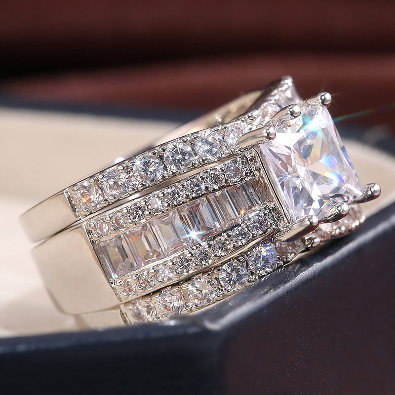 Luxury Princess 925 Sterling Silver Wedding Ring Set For Women Lady Anniversary Gift Jewelry Bulk