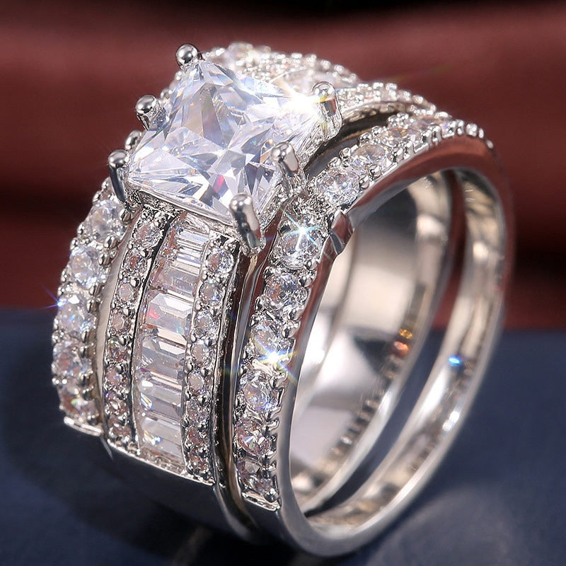 Luxury Princess 925 Sterling Silver Wedding Ring Set For Women Lady Anniversary Gift Jewelry Bulk