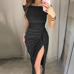 Load image into Gallery viewer, Women Sexy Off Shoulder Evening Party Dresses Sleeveless High Slit Bodycon Wrap Dress Ladies Clubwear Solid Vestidos
