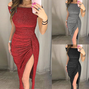 Women Sexy Off Shoulder Evening Party Dresses Sleeveless High Slit Bodycon Wrap Dress Ladies Clubwear Solid Vestidos