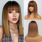 Load image into Gallery viewer, Ombre Brown Golden Short Straight Hair Lolita Bobo Wigs with Bangs Synthetic Wigs For Women Cosplay Heat Resistant
