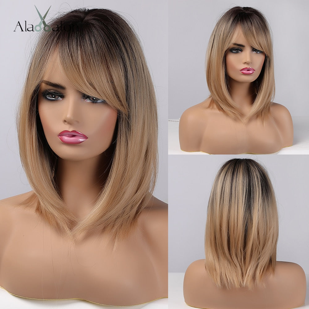 Ombre Brown Golden Short Straight Hair Lolita Bobo Wigs with Bangs Synthetic Wigs For Women Cosplay Heat Resistant