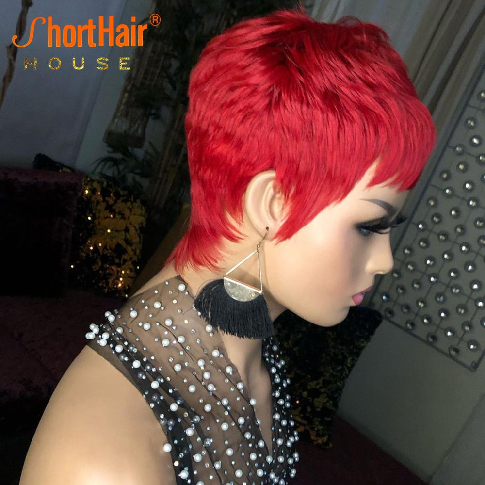 Red Color Human Hair Short Cut Bob Wigs with Bangs Brazilian Straight No Lace Wig with Bangs Full Machine Wig