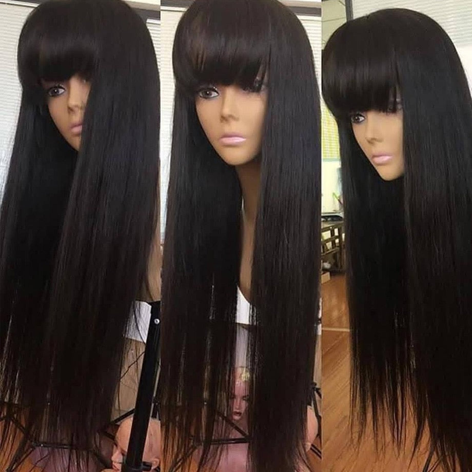 Wig With Bangs Human Hair Short Bob 100% Human Hair Wigs For Black Women Cheap Brazilian Black Straight 28 30 Inch Fringe Wig