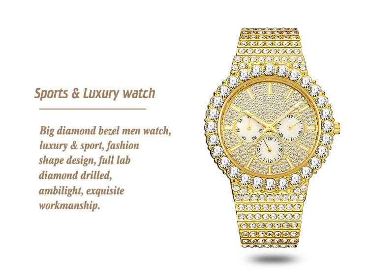 High Quality Men's Watch 18K Gold Iced Out Quartz Clock Top Brand Luxury Diamond Business Waterproof Luminous Male Wrist Watches