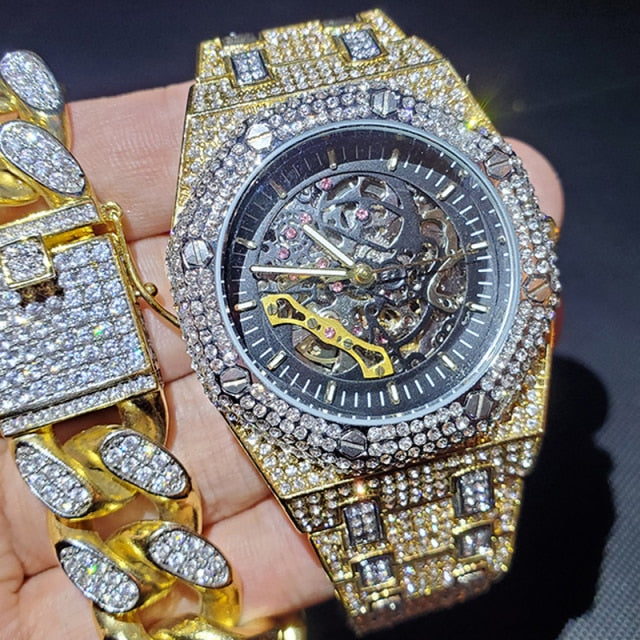 Businessmen Watch Iced Out Sapphire Luminous 30M Waterproof Mechanical Automatic Watches Full Steel Diamond Man's Clock