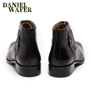 Luxury Men Ankle Boots Genuine Leather Shoes Fashion Printed Medallion Lace Up Pointed Toe Dress Wedding Office Basic Boots