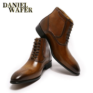 Luxury Men Ankle Boots Genuine Leather Shoes Fashion Printed Medallion Lace Up Pointed Toe Dress Wedding Office Basic Boots