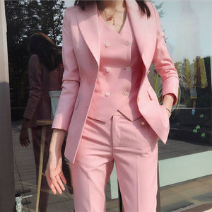 Ladies Business Solid Color Suits Trousers Waistcoat / Woman's Pink Commuter Blazers Jacket Pants Vest Set