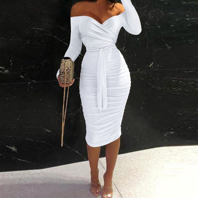 Sexy Dresses For Women Elegant Long Sleeve Bodycon Dress Women Autumn Off Shoulder Lace Up Party Dress Casual Clubwear