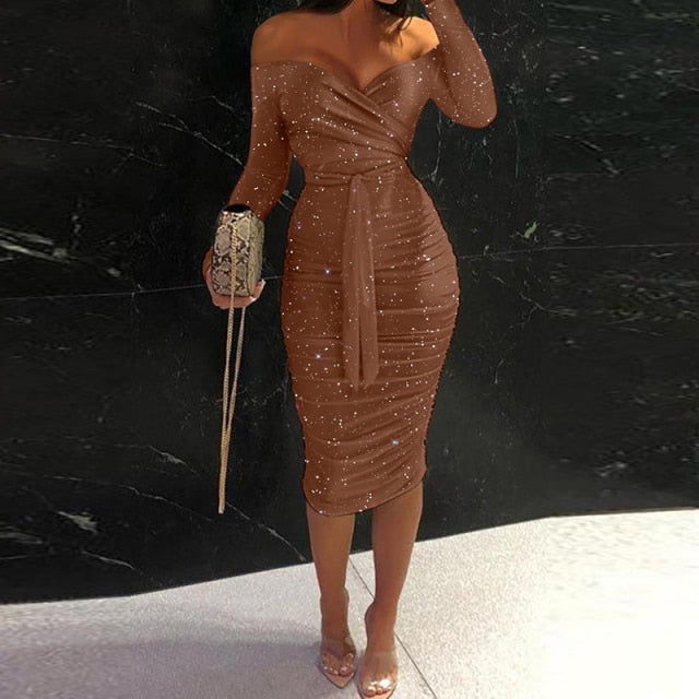 Sexy Dresses For Women Elegant Long Sleeve Bodycon Dress Women Autumn Off Shoulder Lace Up Party Dress Casual Clubwear