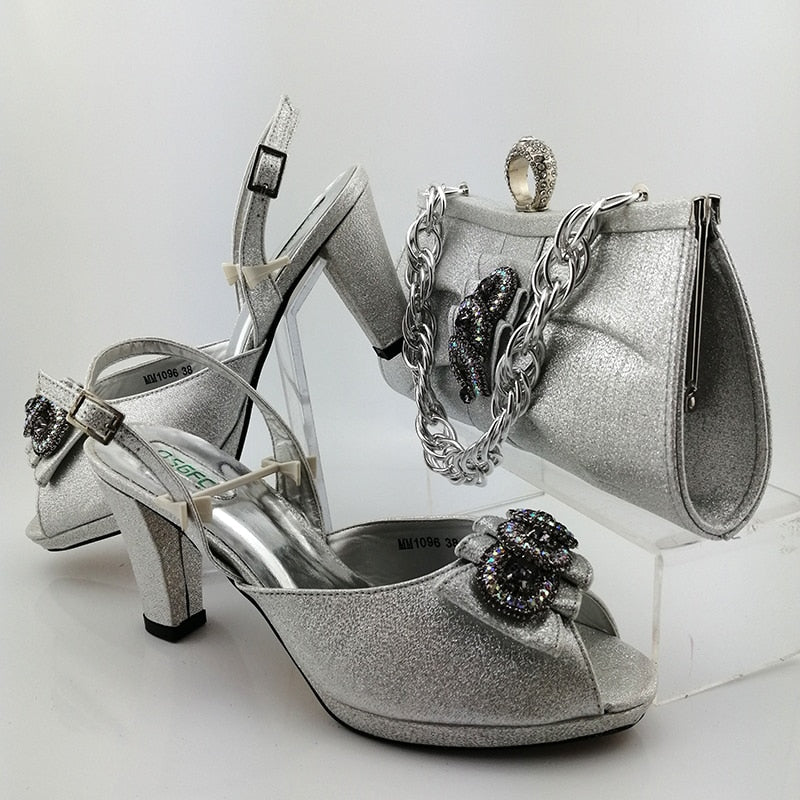 Latest Design Women Italian African Party Pumps Shoes and Bag Set Decorated with Rhinestone Women Shoes and Bag Set