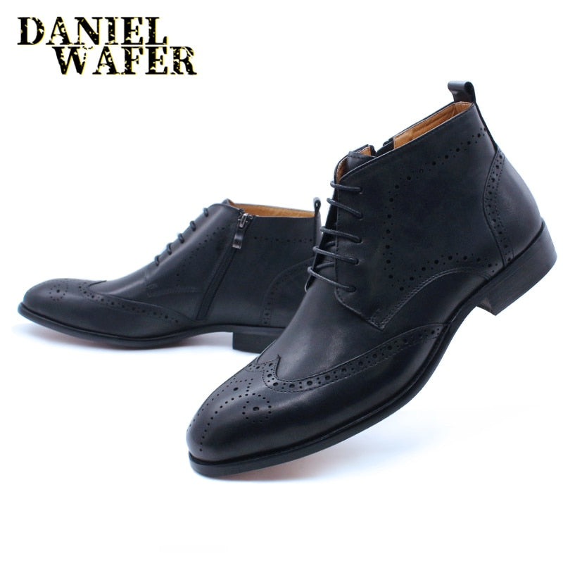 FASHION MEN'S BOOTS LEATHER CASUAL SHOES LACE UP POINTED TOE WINGTIP BROGUE MEN DRESS SHOES WEDDING OFFICE BOOTS