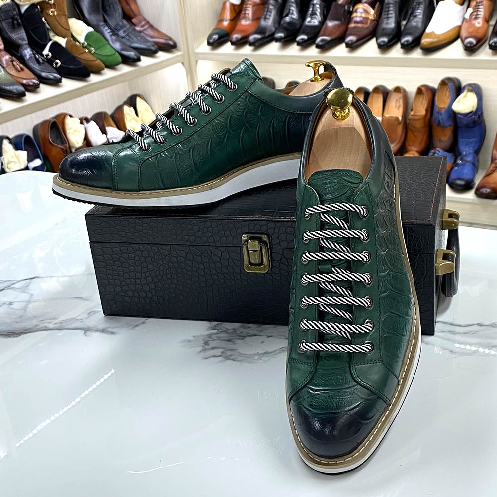 European Style Men's Casual Shoes Real Cow Leather Green Black Fashion Designer Luxury Crocodile Print Flat Shoes