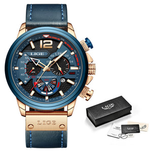 LIGE Watch Men Luxury Watch for Men Quartz Military Watches Fashion Chronograph Wristwatch Waterproof Leather Date Clock Man+Box