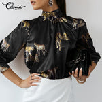 Load image into Gallery viewer, Women Satin Blouse Long Sleeve Shirt Stand Collar Casual Vintage Tiger Print Elegant Party Blouses
