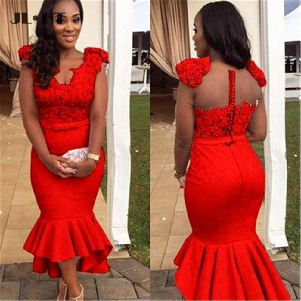 Mermaid Bridesmaid Dresses Cap Sleeves V-Neck Wedding Party Dress Appliques Flowers Button Women Bridemaid Dress