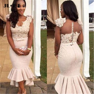 Mermaid Bridesmaid Dresses Cap Sleeves V-Neck Wedding Party Dress Appliques Flowers Button Women Bridemaid Dress
