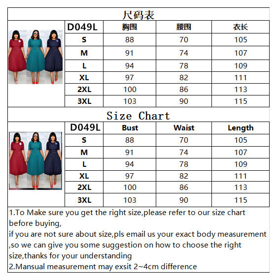 Women O-Neck Short Sleeve Solid Color Pleated with Belt Mid-calf Length Dress Office Lady Dress