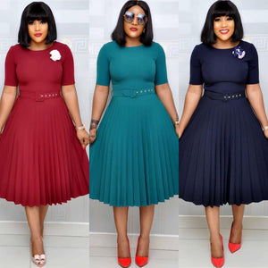 Women O-Neck Short Sleeve Solid Color Pleated with Belt Mid-calf Length Dress Office Lady Dress