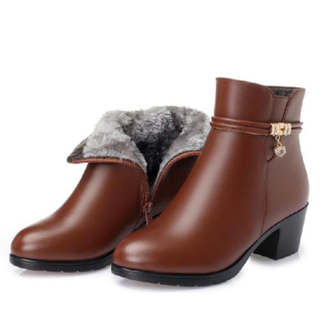 Fashion Soft Leather Women Ankle Boots High Heels Zipper Shoes Warm Fur Winter Boots for Women