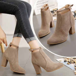 Fashion Woman High Heels Leather Women Heeled Ankle Boots Sexy Pointed Middle Heel Boot