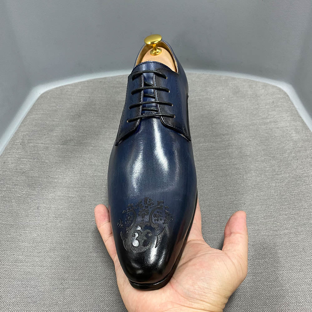 Business Shoes Men Oxford Genuine Cow Leather Pointed Toe Fashion Outdoor Lace Up High-Quality Carved Office Wedding Shoes