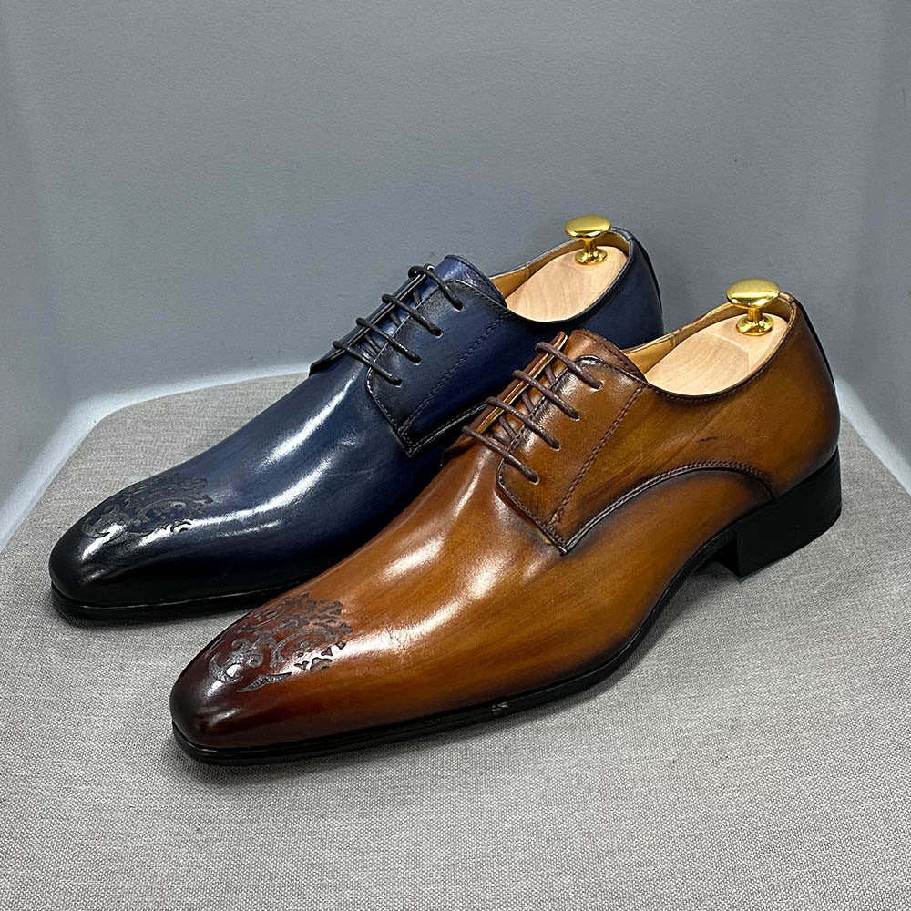 Business Shoes Men Oxford Genuine Cow Leather Pointed Toe Fashion Outdoor Lace Up High-Quality Carved Office Wedding Shoes