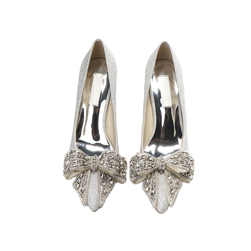 Crystal wedding shoes female two wearing bow French bridesmaid evening dress high heels wedding brida