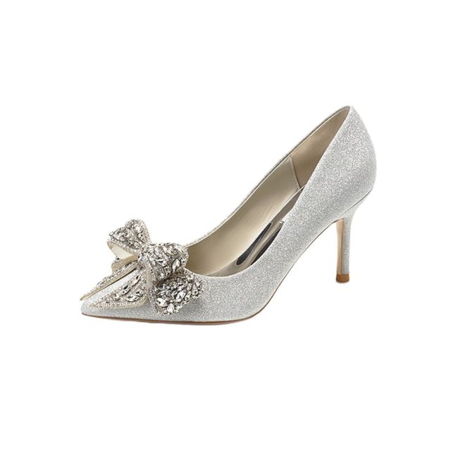 Crystal wedding shoes female two wearing bow French bridesmaid evening dress high heels wedding brida