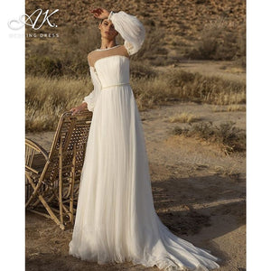Beaded Wedding Dress Romantic Long Sleeve A-Line Court Train Bridal Gown Princess