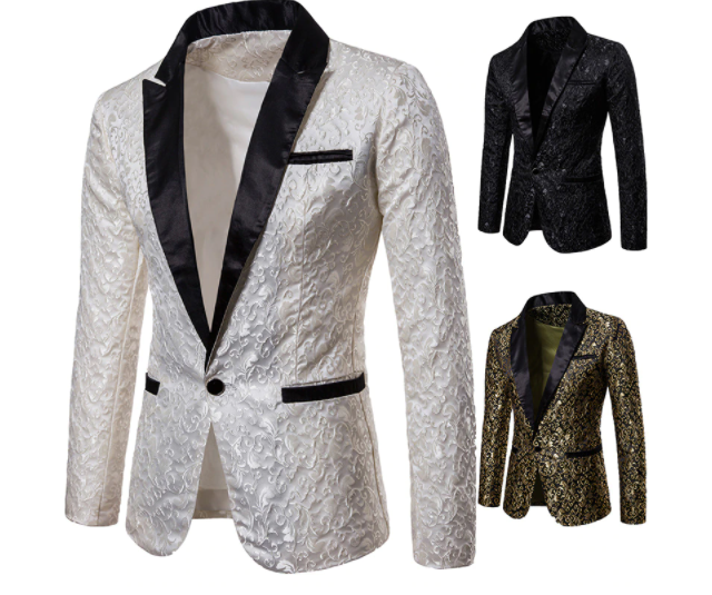 Gold Jacquard Bronzing Floral Blazer Men Brand New Patchwork One Button Blazer Jacket Party Stage Singer Costume Homme