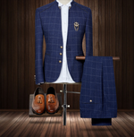 Load image into Gallery viewer, Fashion Stand Collar Men&#39;s Plaid Suit Set English Slim Party Dress Groomsman Suit High End  (Blazer+ Pants)
