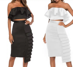 Women 2 Piece Sets Crop Tops Skirts Sexy Dinner Ruffles Off Shoulder Slim Backless Party Wear Suit